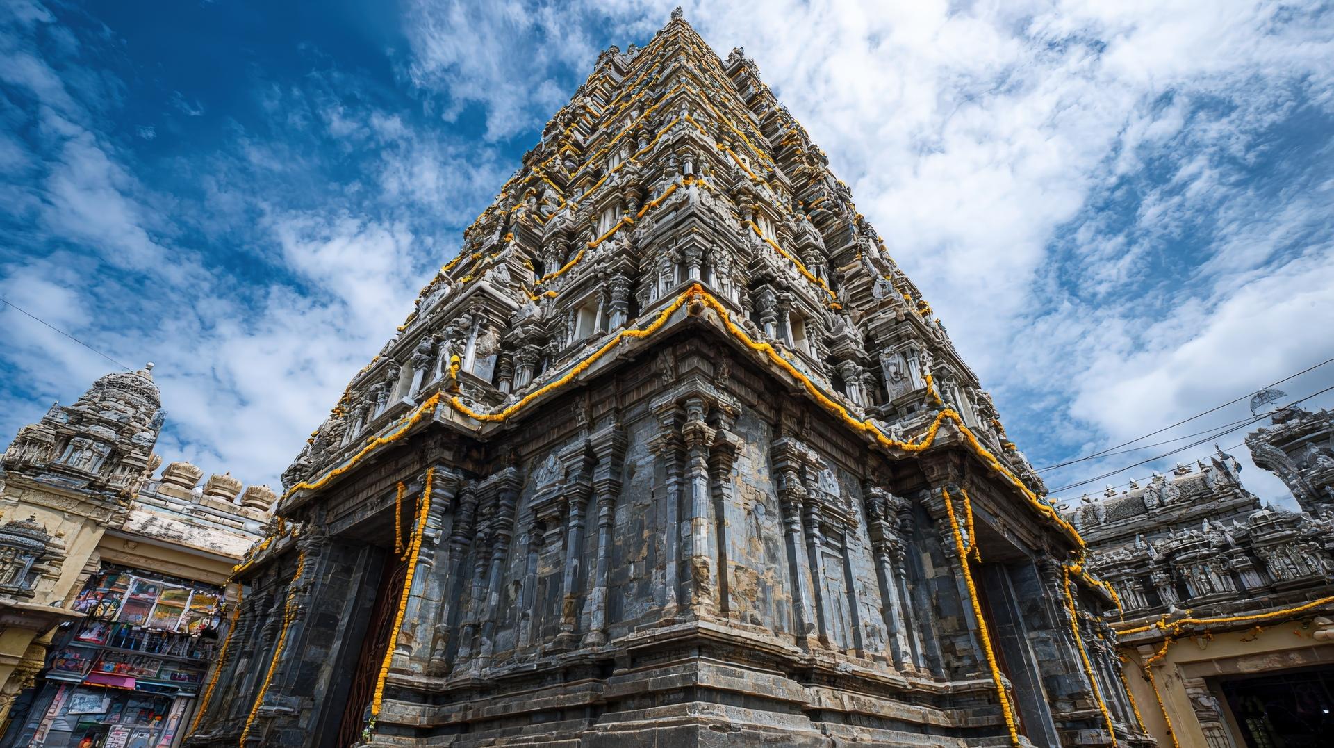 An ornate stone gopuram hung with marigold garlands against a blue sky
