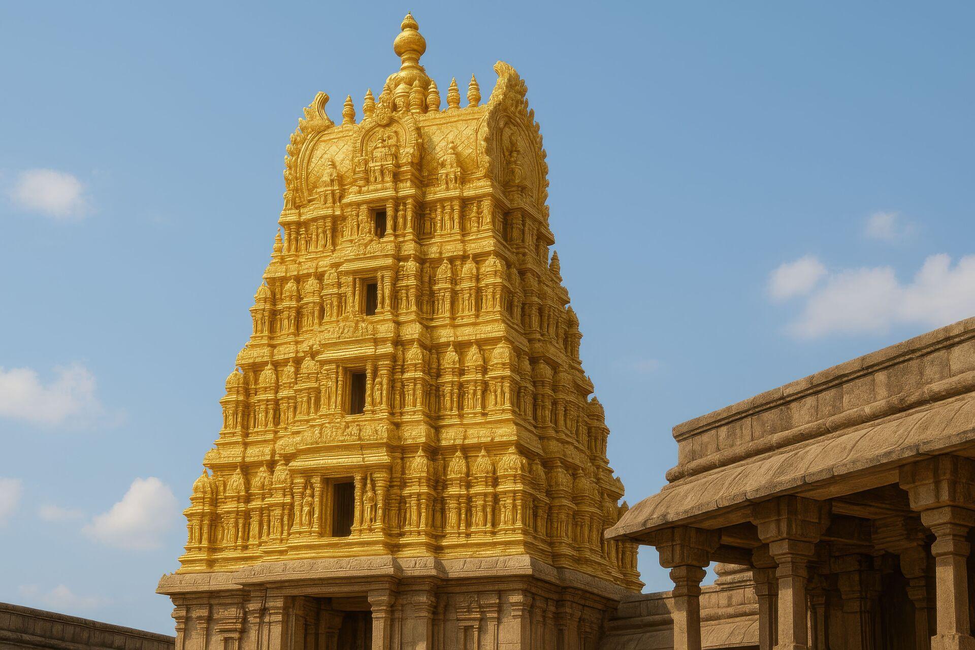 A golden South Indian Raja Gopuram tower against a clear blue sky.
