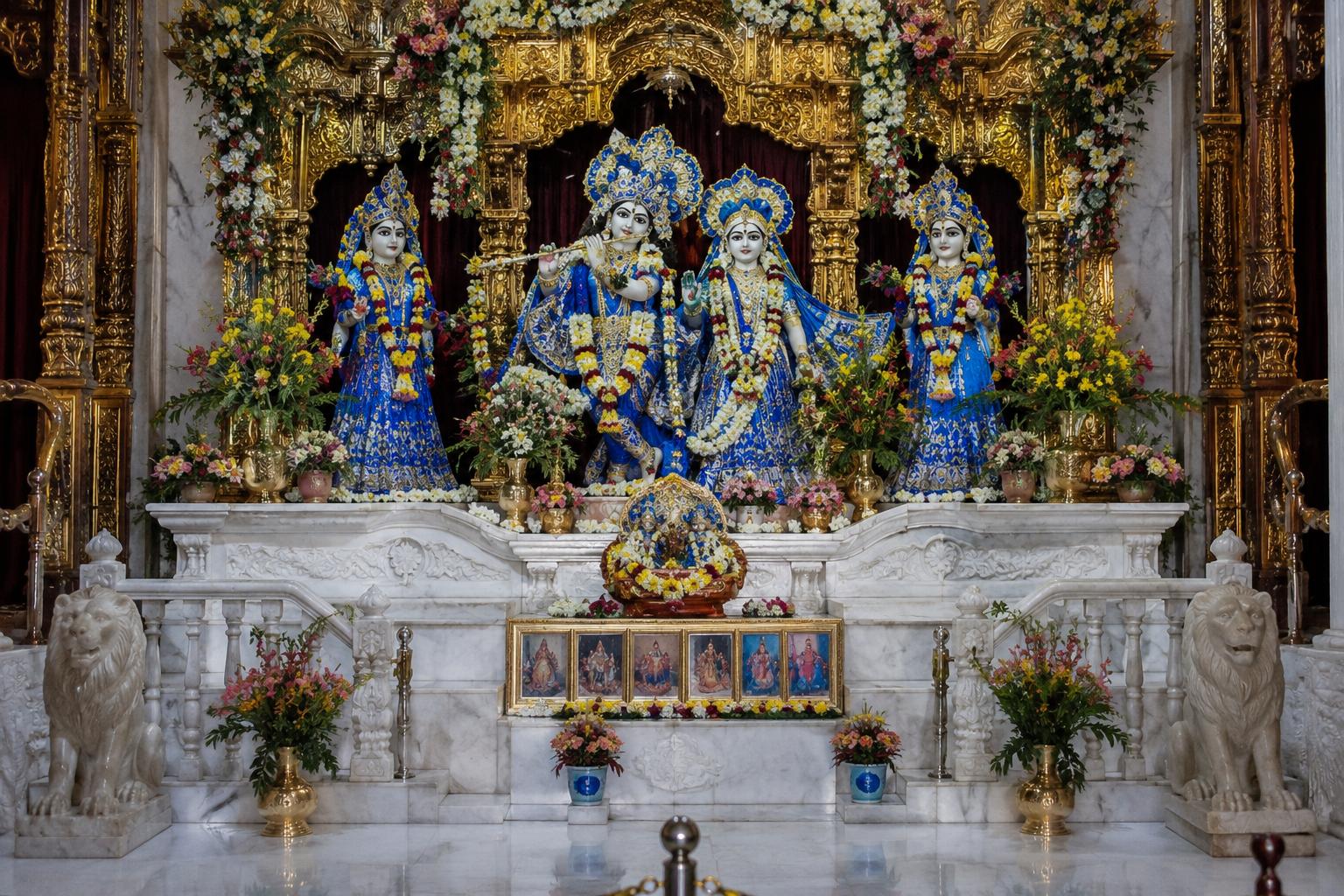 A carved marble Simhasana altar with the deities enthroned.